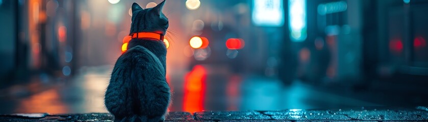 Cat wearing a reflective safety collar, sitting on a dark street, with street lights in the background