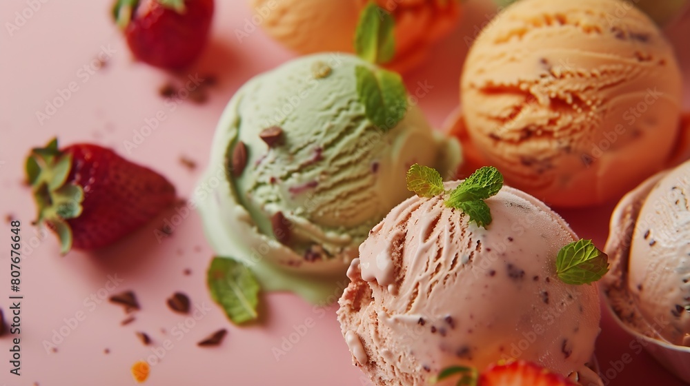 Poster scoops of ice cream with pieces of hazelnut mint and chocolate orange and strawberry : generative ai
