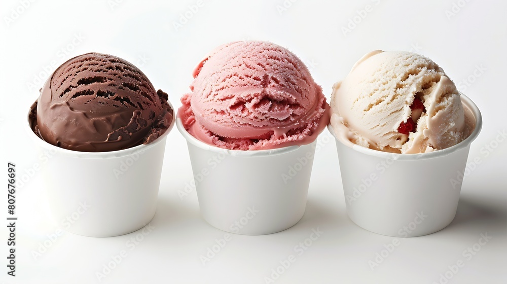 Poster neapolitan ice cream scoops in white cups of chocolate strawberry and vanilla flavours isolated on w