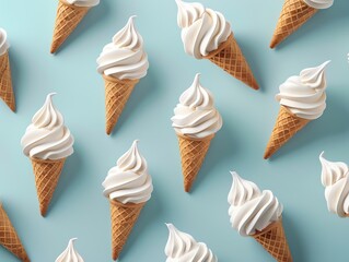 Soft serve ice cream cones with a swirl pattern, set against a light blue background for a refreshing textile look - obrazy, fototapety, plakaty