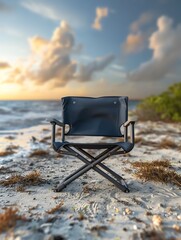 Sleek, modern picnic chair on a tranquil beach at sunset, soft pastel skies - obrazy, fototapety, plakaty