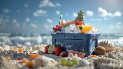 Stock image of a colorful cooler filled with ice and fruit juices, ideal for beach party settings - obrazy, fototapety, plakaty