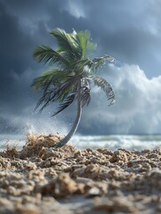 Single palm tree bending in a strong tropical breeze, capturing the dynamic nature of coastal weather - obrazy, fototapety, plakaty