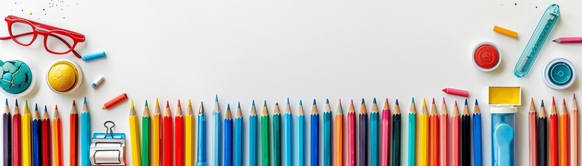 Top view of assorted stationery items neatly arranged on a pure white background with ample copy space