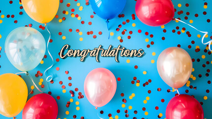 Congratulations on blue background with colorful balloons and confetti.