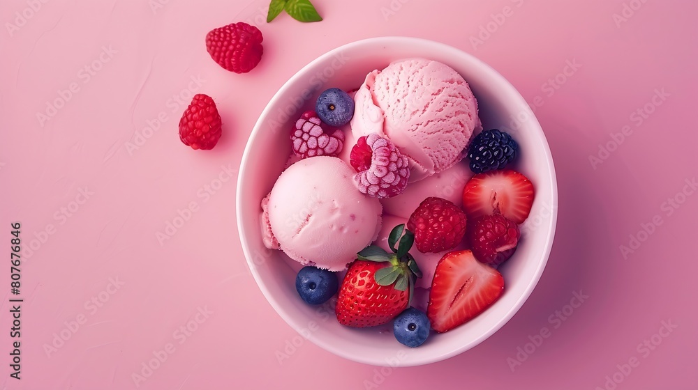Poster bowl of pink strawberry ice cream and fresh berries isolated on pink background top view : generativ
