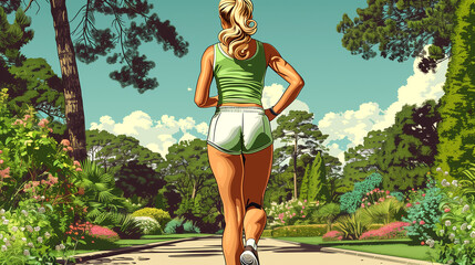 A woman is running in a park with trees in the background - obrazy, fototapety, plakaty