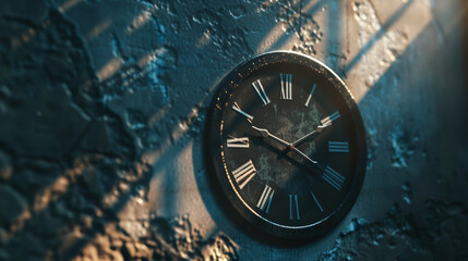 Classical wall clock casting a shadow in dramatic lighting.