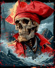 A skull wearing a red pirate hat is on a boat - obrazy, fototapety, plakaty