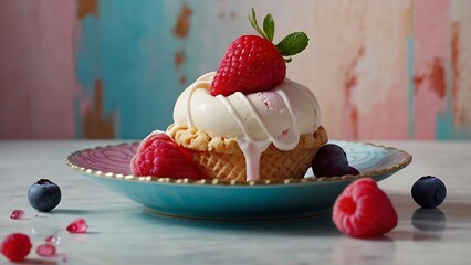 Sweet Indulgence Ice Cream and Berries Paintin - obrazy, fototapety, plakaty