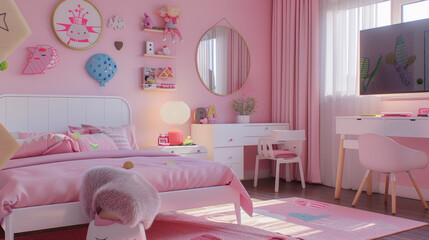 Pink-themed child's bedroom with a cozy and imaginative interior design.