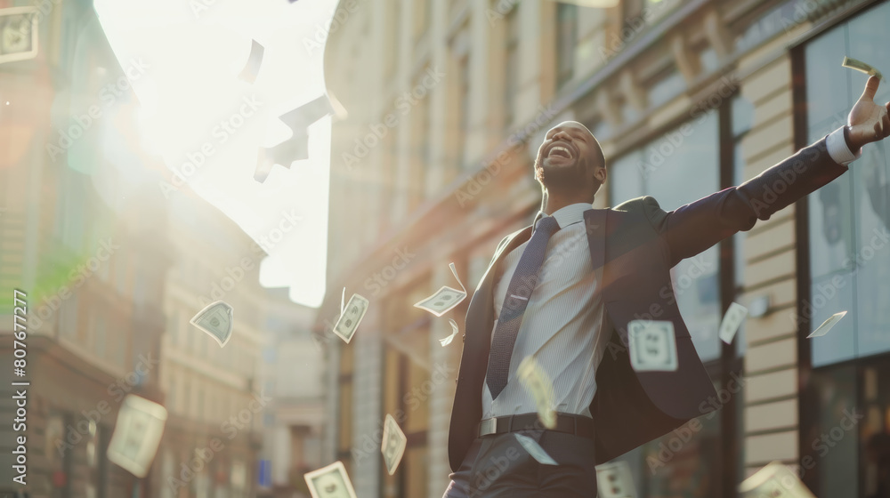 Wall mural jubilant businessman in a city showered with falling money, arms outstretched in celebration.