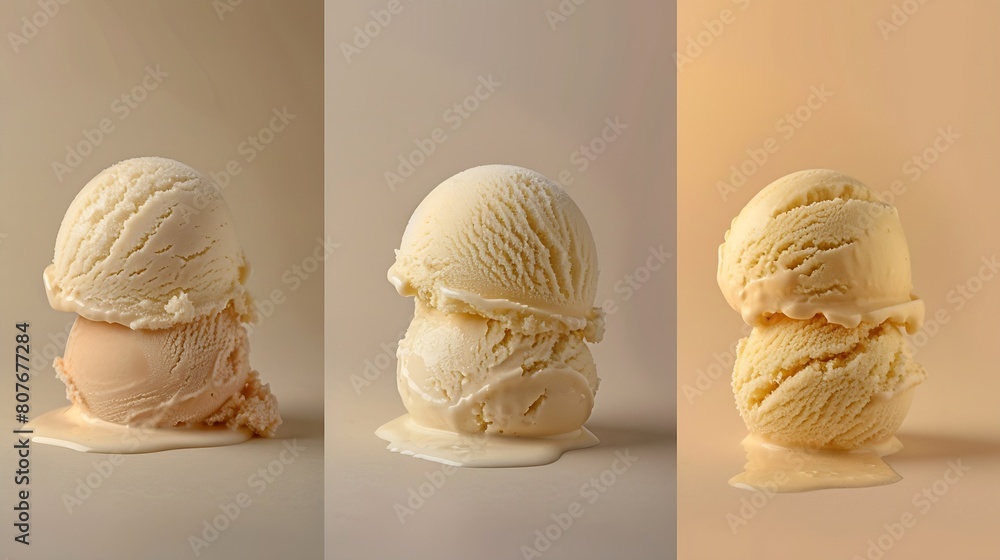Poster lotus biscuit vanilla three scoops gelato ice cream in different angles and textures : generative ai