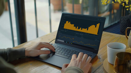 Busy professional analyzing financial charts on a compact laptop.