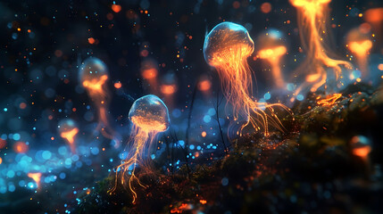Captivating Bioluminescent Organisms Composed of Glowing Bioelectrical Energy in Surreal Otherworldly Landscape