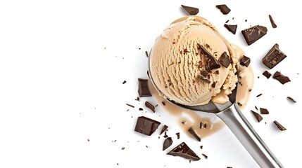 coffee liqueur ice cream scoop with chocolate pieces  isolated on white background top view :...