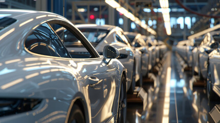 Luxury cars in production line symbolizing precision, wealth, and industrial prowess.