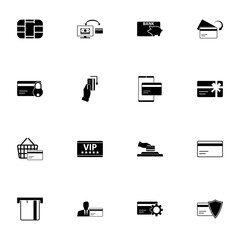 Credit Cards icon - Expand to any size - Change to any colour. Perfect Flat Vector Contains such Icons as vip, basket, gift, piggy bank, chip terminal, protection money, transfer, blocked transaction