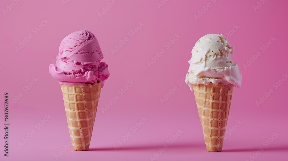 Poster ice cream cone vanilla and strawberry flavors on a pink background copy space : generative ai