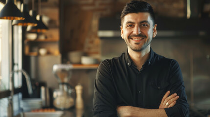 A cheerful male chef stands with folded arms in a sunlit modern kitchen.