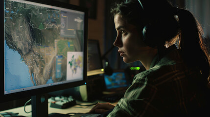 Concentrated female military analyst examines maps on a digital screen in a dark room.