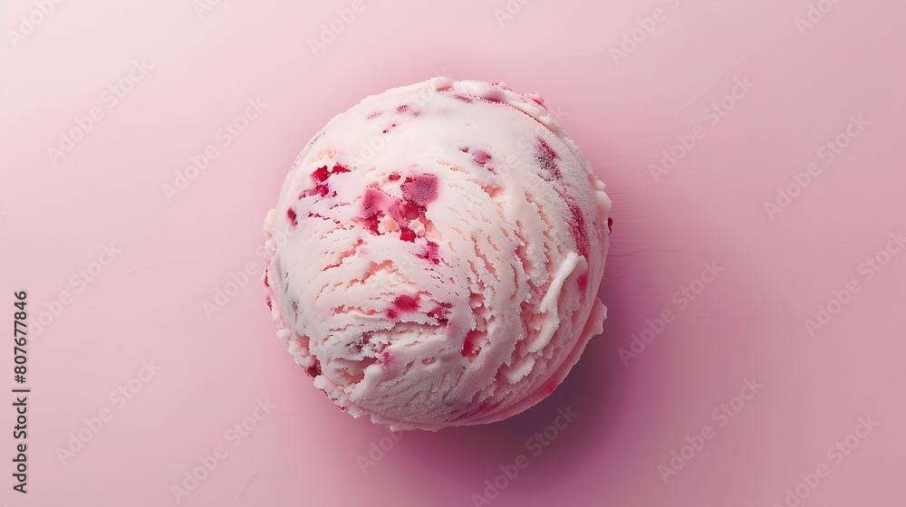 Aufkleber vanilla and raspberry ice cream ball isolated on pink background top view : Generative AI