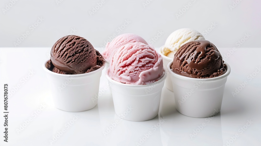 Poster neapolitan ice cream scoops in white cups of chocolate strawberry and vanilla flavours isolated on w