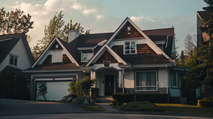 Naklejka premium A tranquil suburban house at dusk, exuding warmth and a sense of home.