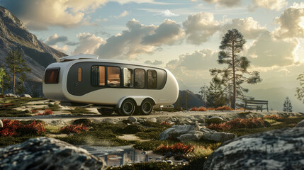 A futuristic camper van sits amidst serene mountain scenery, a gateway to adventure.