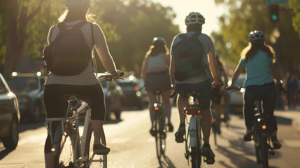 Urban cyclists on a city street during golden hour, embracing active commuting.