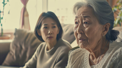 Two Asian women in conversation, with one showing concern in her expression.