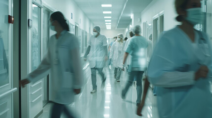 Bustling hospital corridor with medical staff in motion blur.