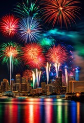 illustration, vibrant fireworks illuminating night sky long exposure shot, colorful, bursts, celebration, event, dazzling, display, streaks, light, backdrop, motion