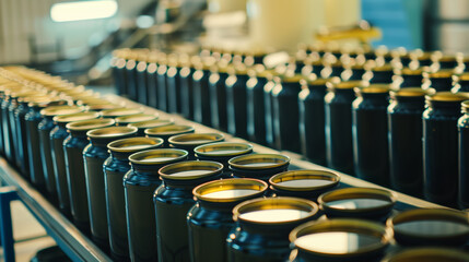 A production line of canned goods creates an industrial rhythm in a factory setting.
