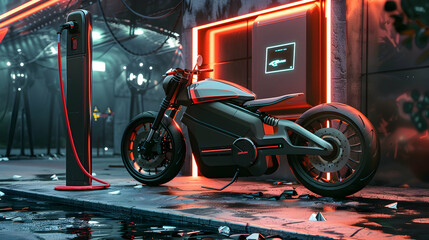 retro-inspired electric motorcycle charging at a futuristic charging station
