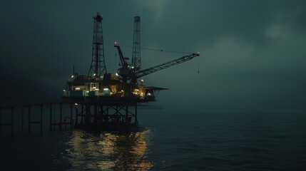 Illuminated offshore drilling platform on a moody, foggy night.