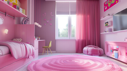 Pink-themed children's room filled with toys and playful decor.