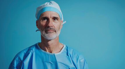 Experienced surgeon in scrubs with a contemplative expression.