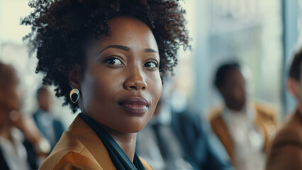 Confident young woman with a determined look in a business meeting.