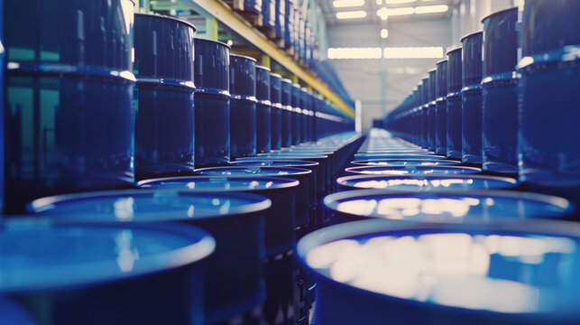 Rows of paint cans on industrial shelves in a storage facility.
