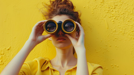 An individual peering through binoculars framed by a vivid yellow backdrop.