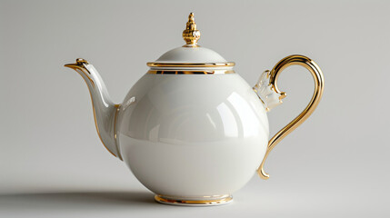 A white and gold teapot with a handle and lid, in a classical style.