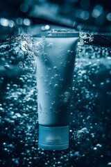 Cosmetic tube partially submerged, surrounded by sparkling bubbles in dark water