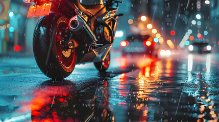 sleek sportbike reflected in the rain-slicked streets of a city