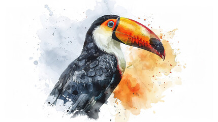 Obraz premium minimalistic watercolor sketch of cute cartoon toucan print for nursery room, with white background