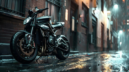 sleek streetfighter motorcycle parked in an urban alleyway
