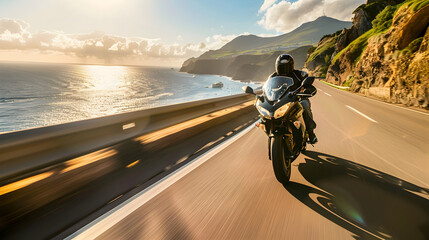 sport-touring motorcycle cruising along a coastal highway
