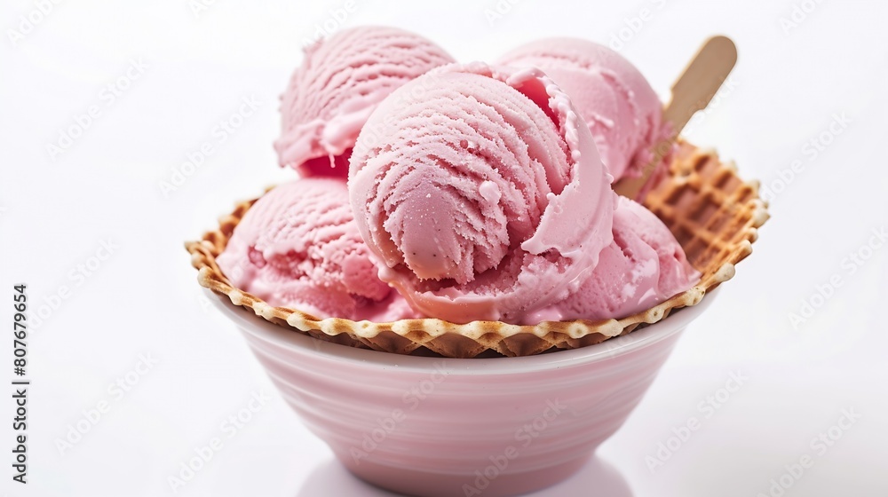 Aufkleber ice cream scoops ice cream in bowl strawberry ice cream with wafer stick in waffle bowl isolated on 