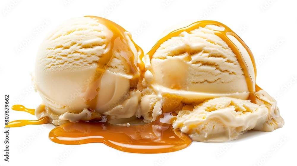 Poster vanilla ice cream with melted caramel sauce isolated on white background : generative ai