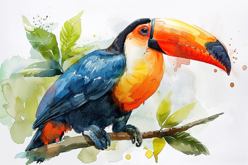 Fototapeta premium minimalistic watercolor sketch of cute cartoon toucan print for nursery room, with white background